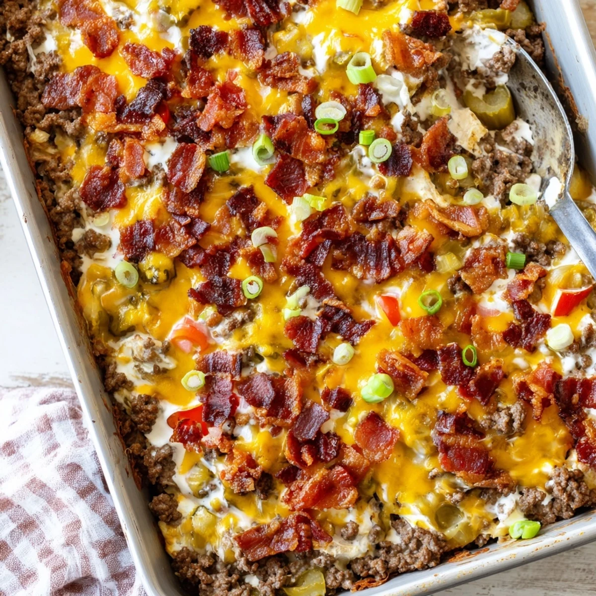 Serve Low Carb Bacon Cheeseburger Casserole garnished with green onions on a plate for a keto meal.