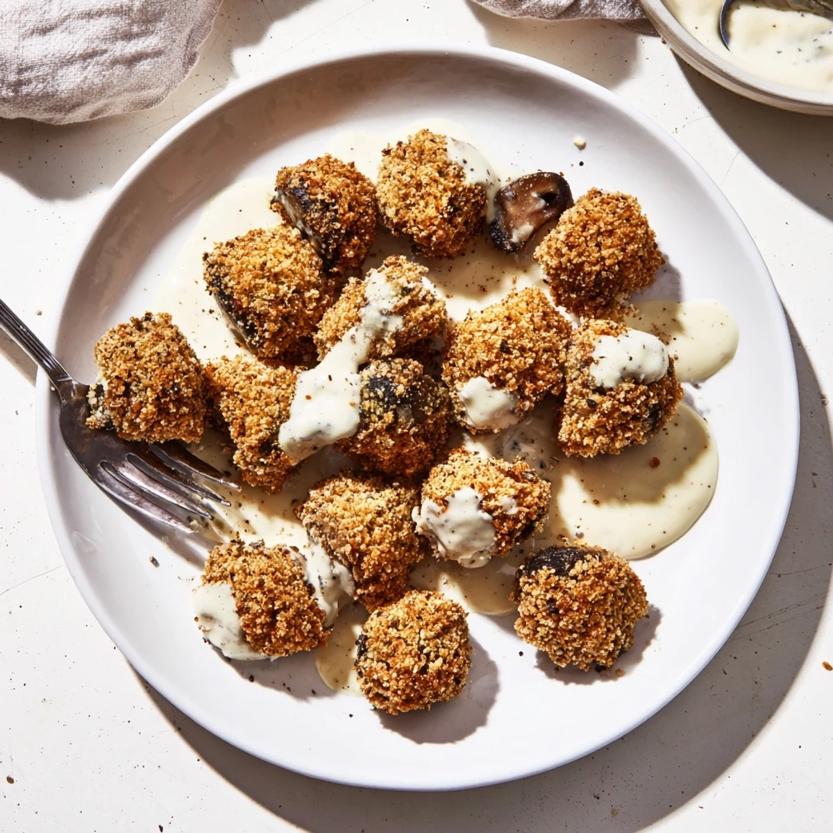 Golden-brown fried mushrooms and creamy peppery gravy, Chicken Fried Mushrooms with Gravy, served over mashed potatoes.