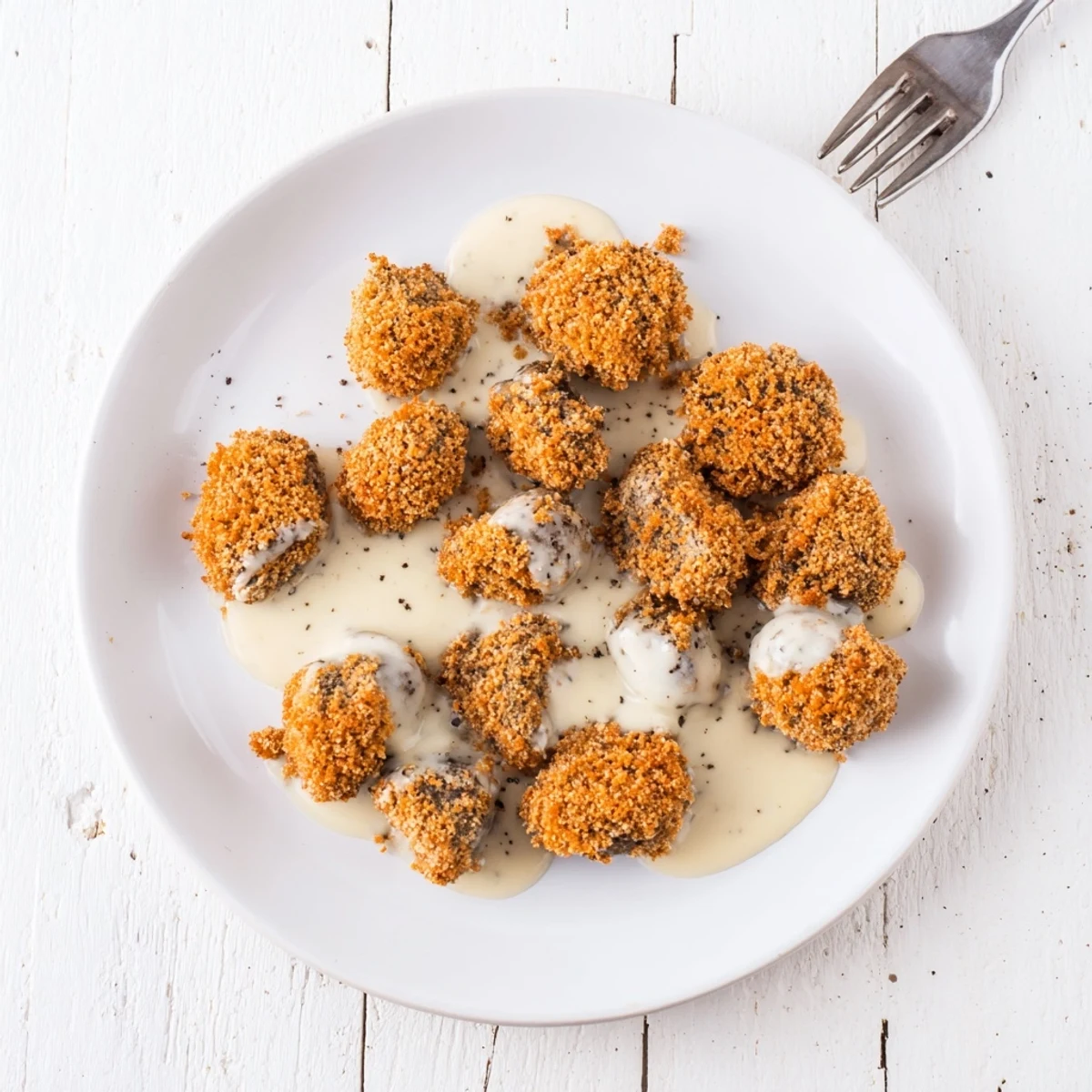 Southern-style Chicken Fried Mushrooms with Gravy in a rustic bowl, golden breading, steamy gravy, and fresh parsley garnish.
