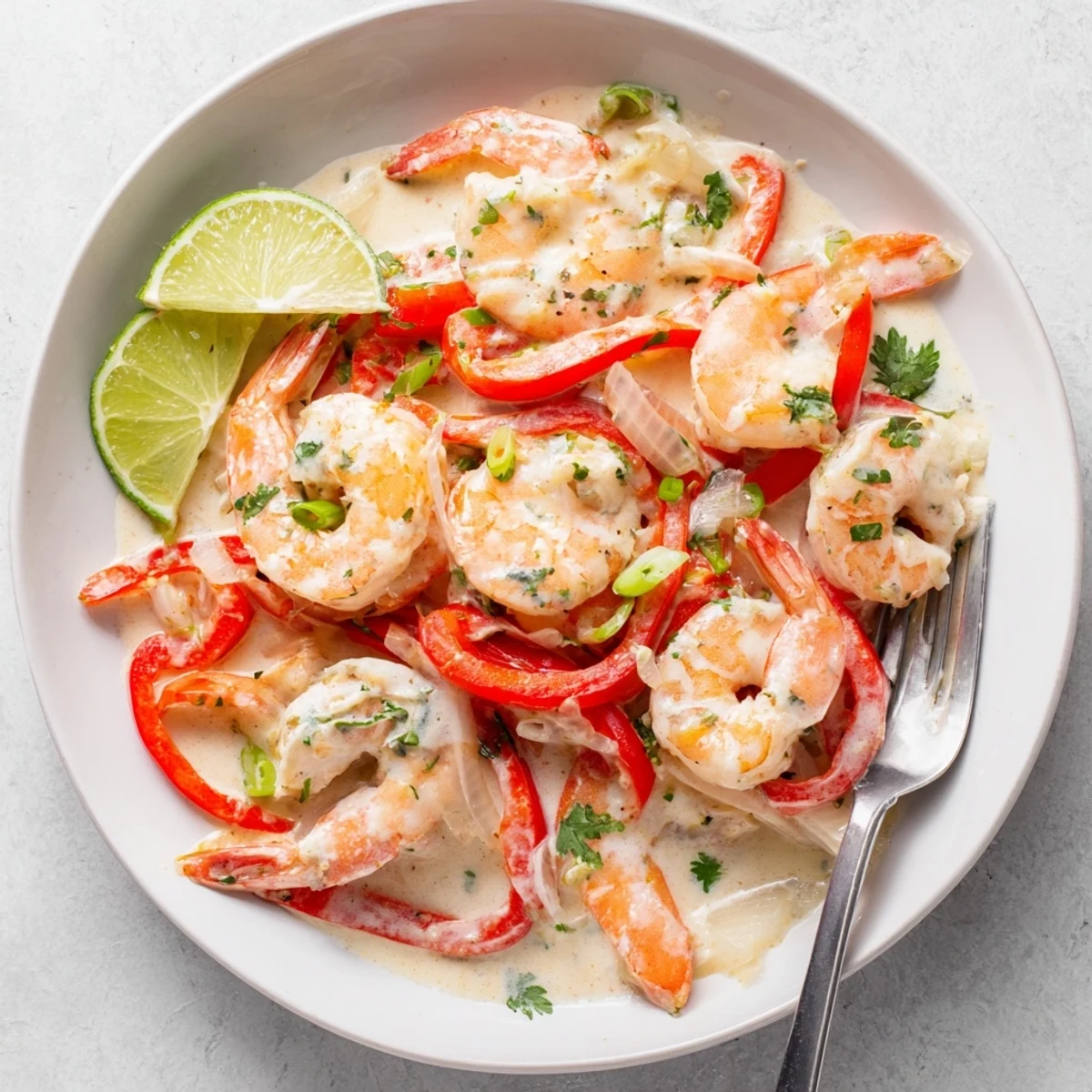 Creamy Coconut Shrimp Buffet Style served steaming hot in a white chafing dish with chopped scallions and cilantro garnish.