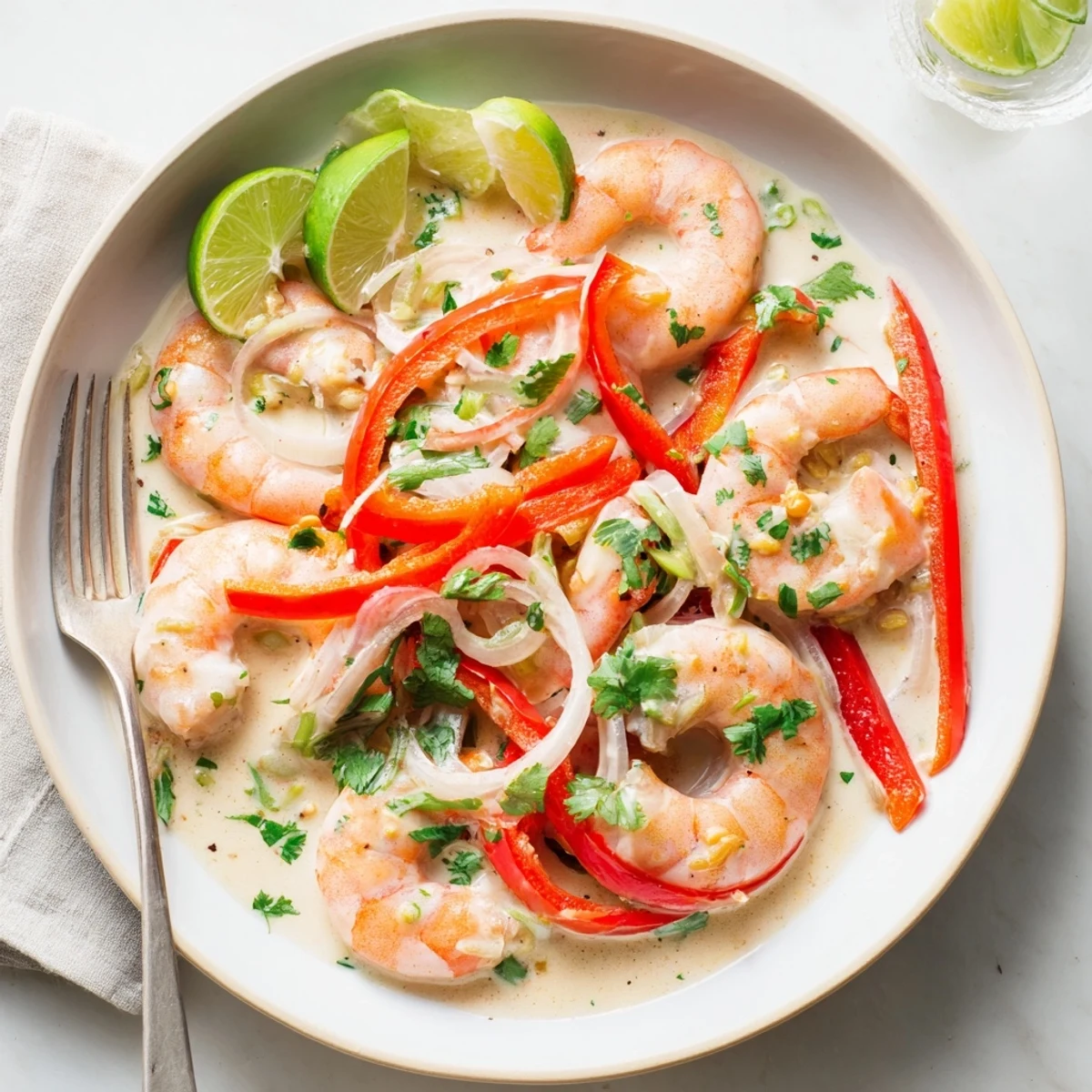 A close-up view of Creamy Coconut Shrimp Buffet Style glistening in rich coconut sauce beside jasmine rice and lime wedges.