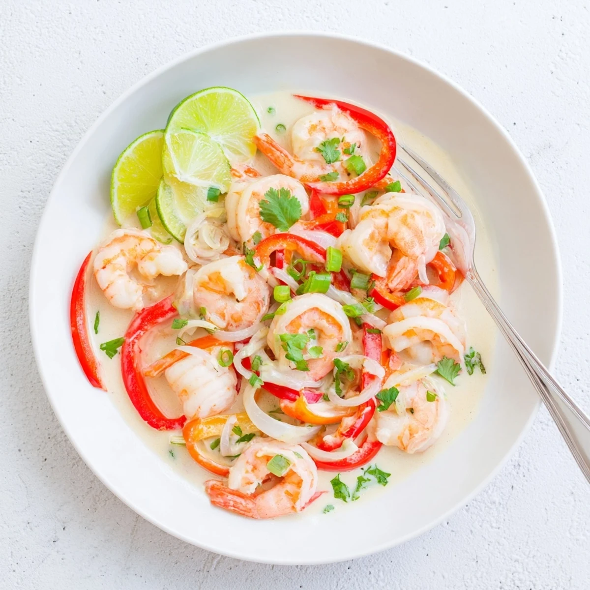 Platter of Creamy Coconut Shrimp Buffet Style featuring pink shrimp, red bell peppers, and cilantro, ready for serving.