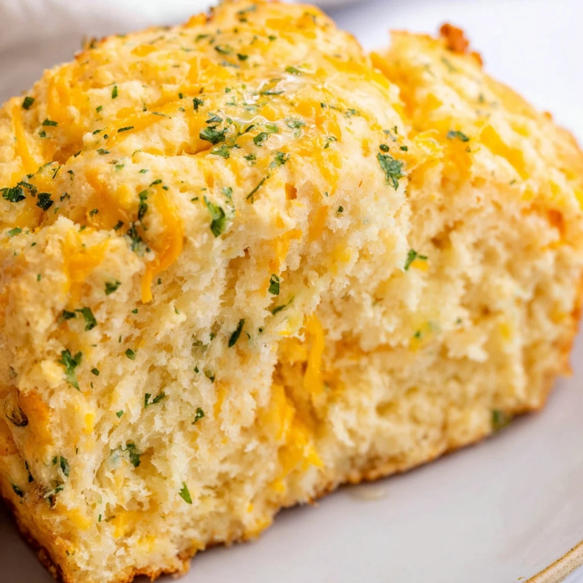 Slices of warm Red Lobsters Cheddar Bay Biscuit Loaf show fluffy interior studded with sharp cheddar and herbs.