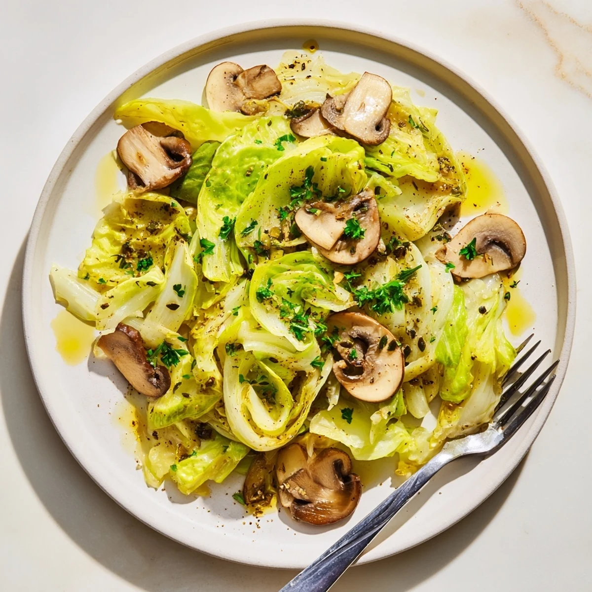 A close-up of vibrant Vegetarian Cabbage Mushroom Sauté sizzling in a skillet with fresh parsley garnish.
