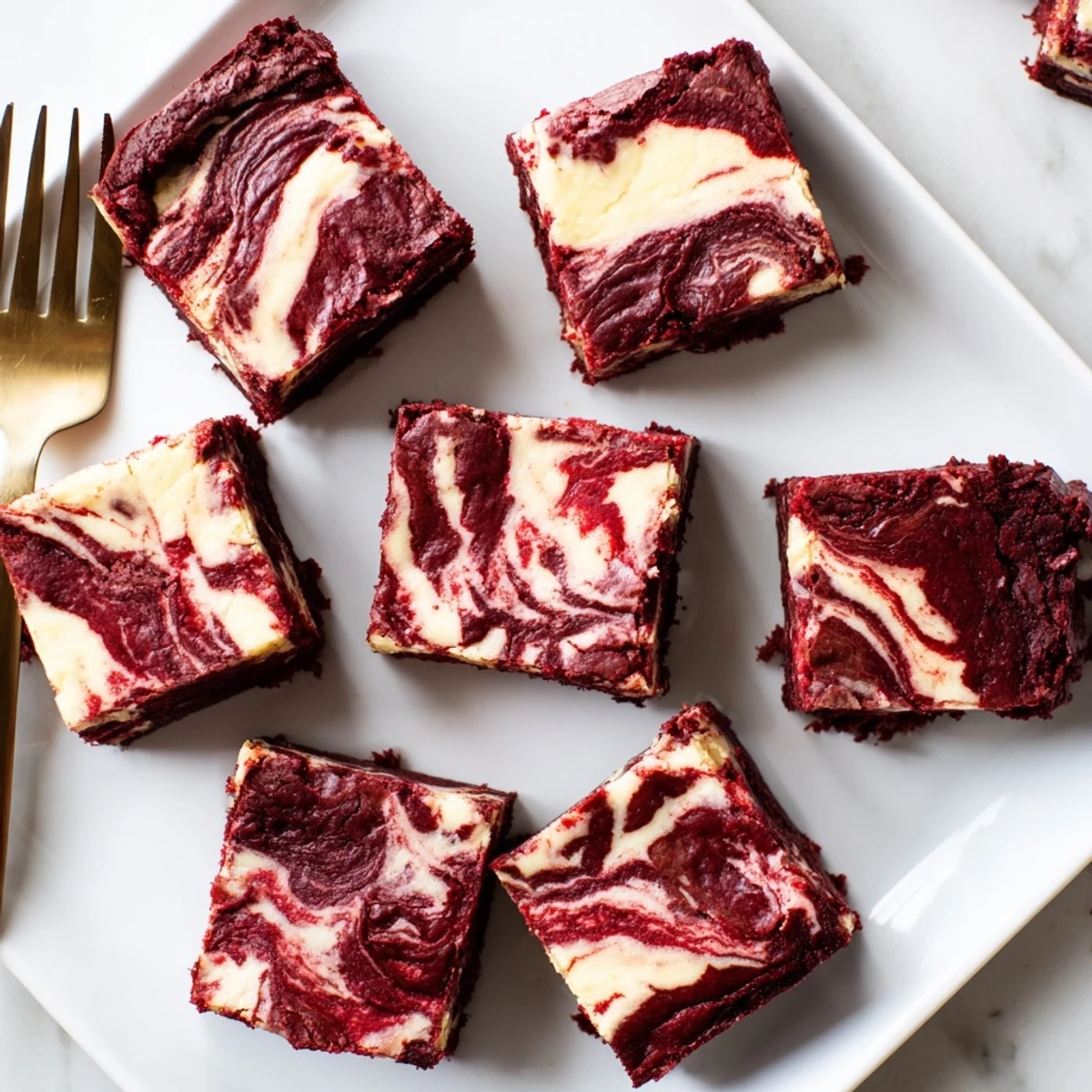 A close-up of Red Velvet Cheesecake Brownies showing a rich red crumbly base and creamy white swirls.