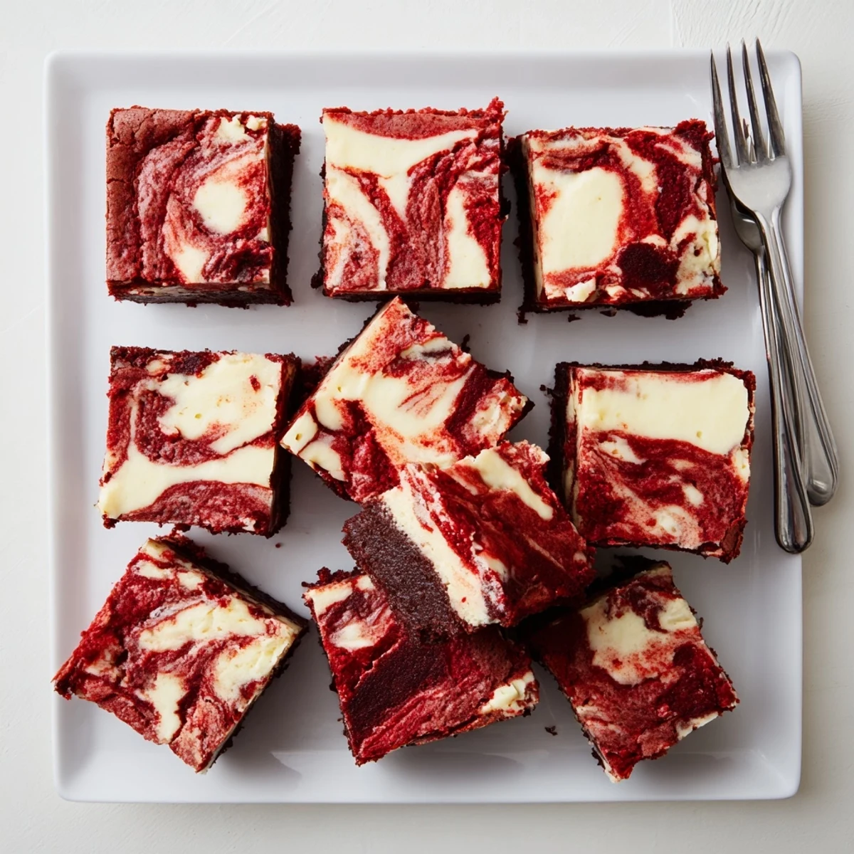 Freshly sliced Red Velvet Cheesecake Brownies on a marble board, revealing moist interior and marbled cream cheese.