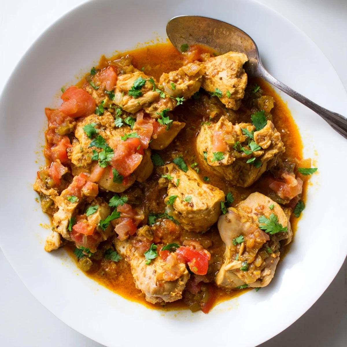 Steaming bowl of Spiced Chicken Curry with Ginger, Garlic & Jalapeño served over fluffy basmati rice.