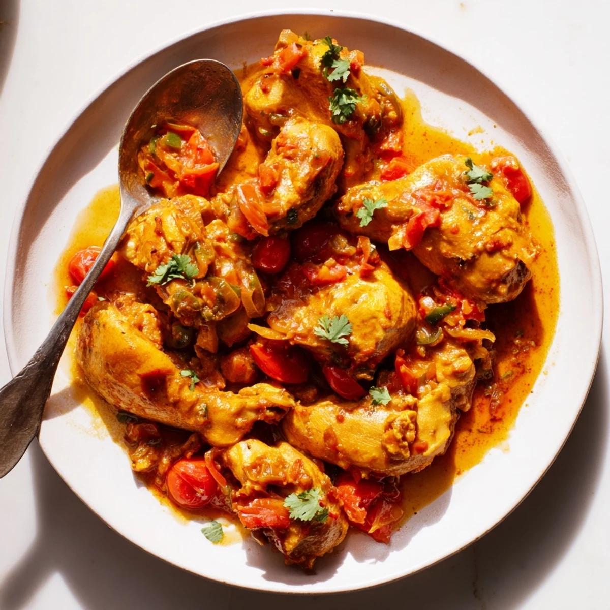 Freshly garnished Spiced Chicken Curry with Ginger, Garlic & Jalapeño alongside warm naan bread and cilantro.