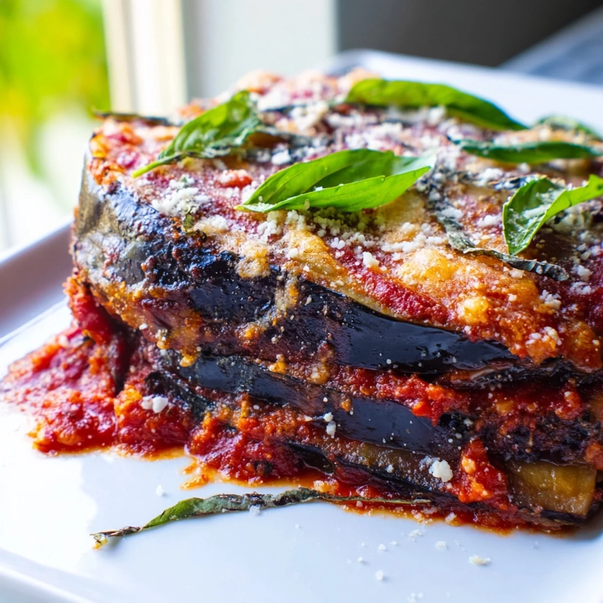 Golden baked Charred Aubergine Parmigiana with bubbling mozzarella and fresh basil garnish, served in a ceramic dish.