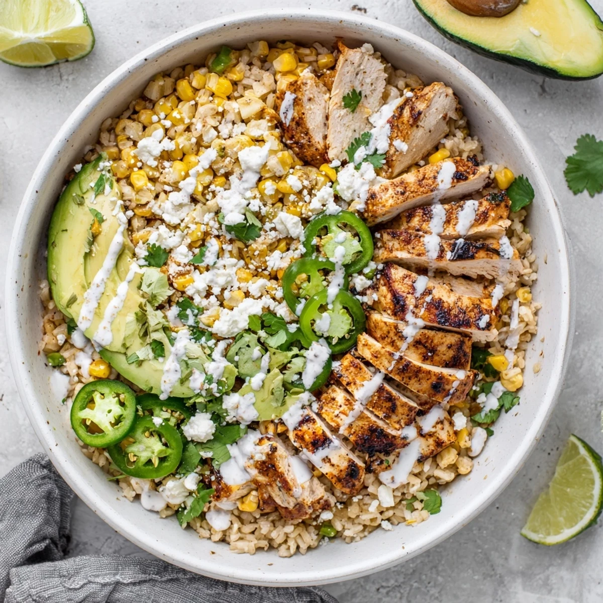 A vibrant bowl of Street Corn Chicken Bowl with juicy grilled chicken, charred sweet corn, and creamy crema drizzled over rice.