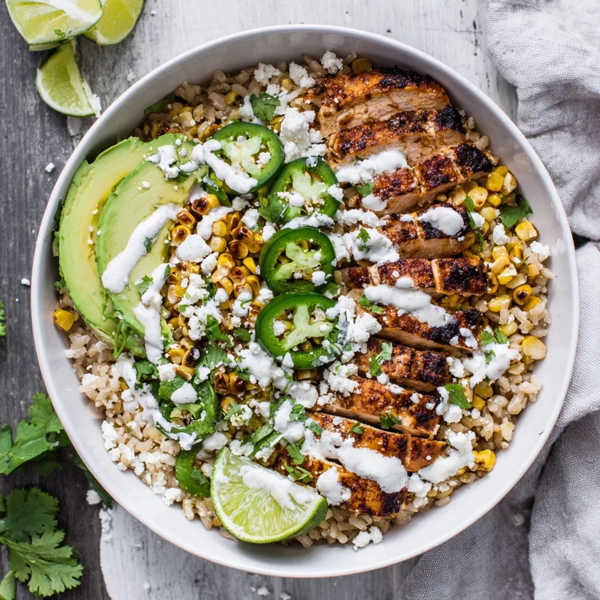 Street Corn Chicken Bowl served in a bright ceramic dish with jalapeños, green onions, and fresh lime for a zesty finish.