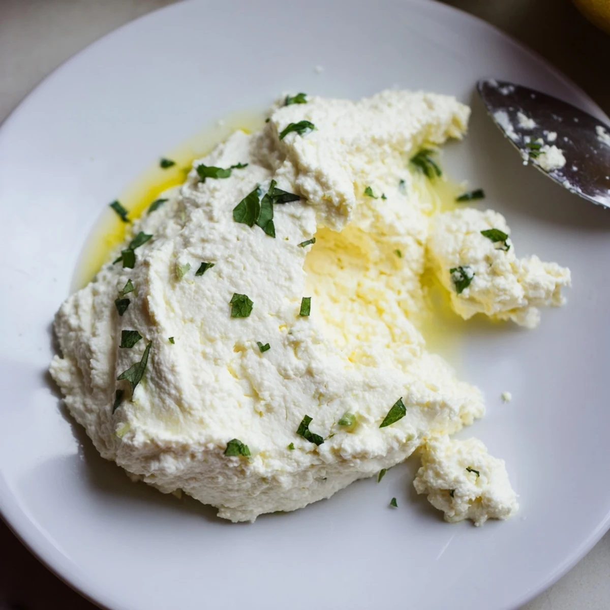 Creamy, bright Tofu Ricotta spread in a ceramic bowl with fresh basil garnish on a wooden table.
