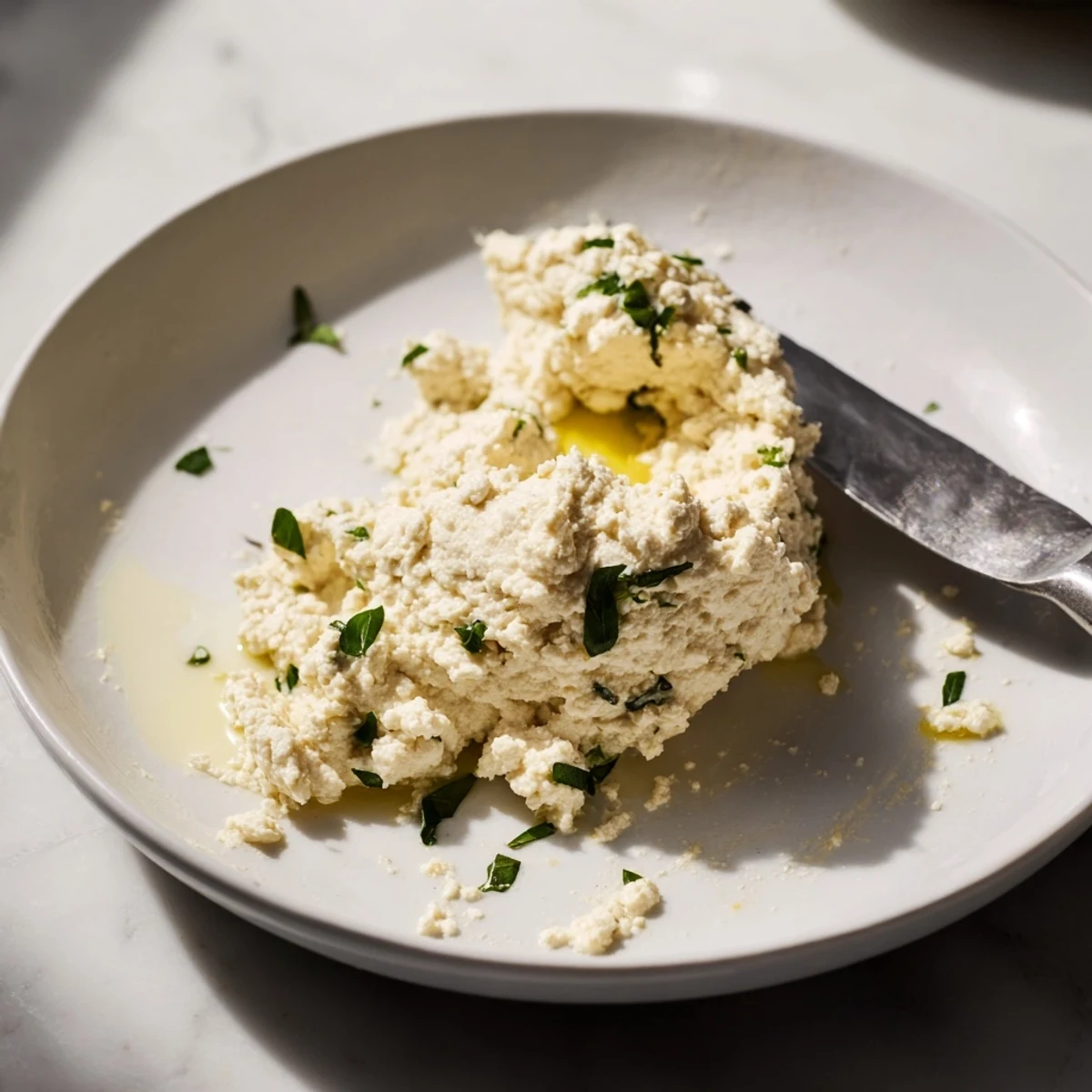 A spoonful of Tofu Ricotta from a food processor, showing a smooth yet slightly textured vegan alternative.