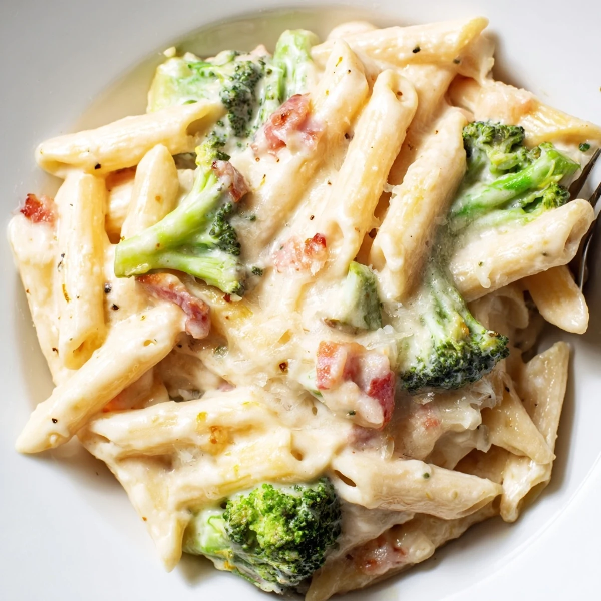 Bacon Broccoli and Parmesan Pasta plated beside a glass of white wine, featuring vibrant green broccoli and savory bacon bits.