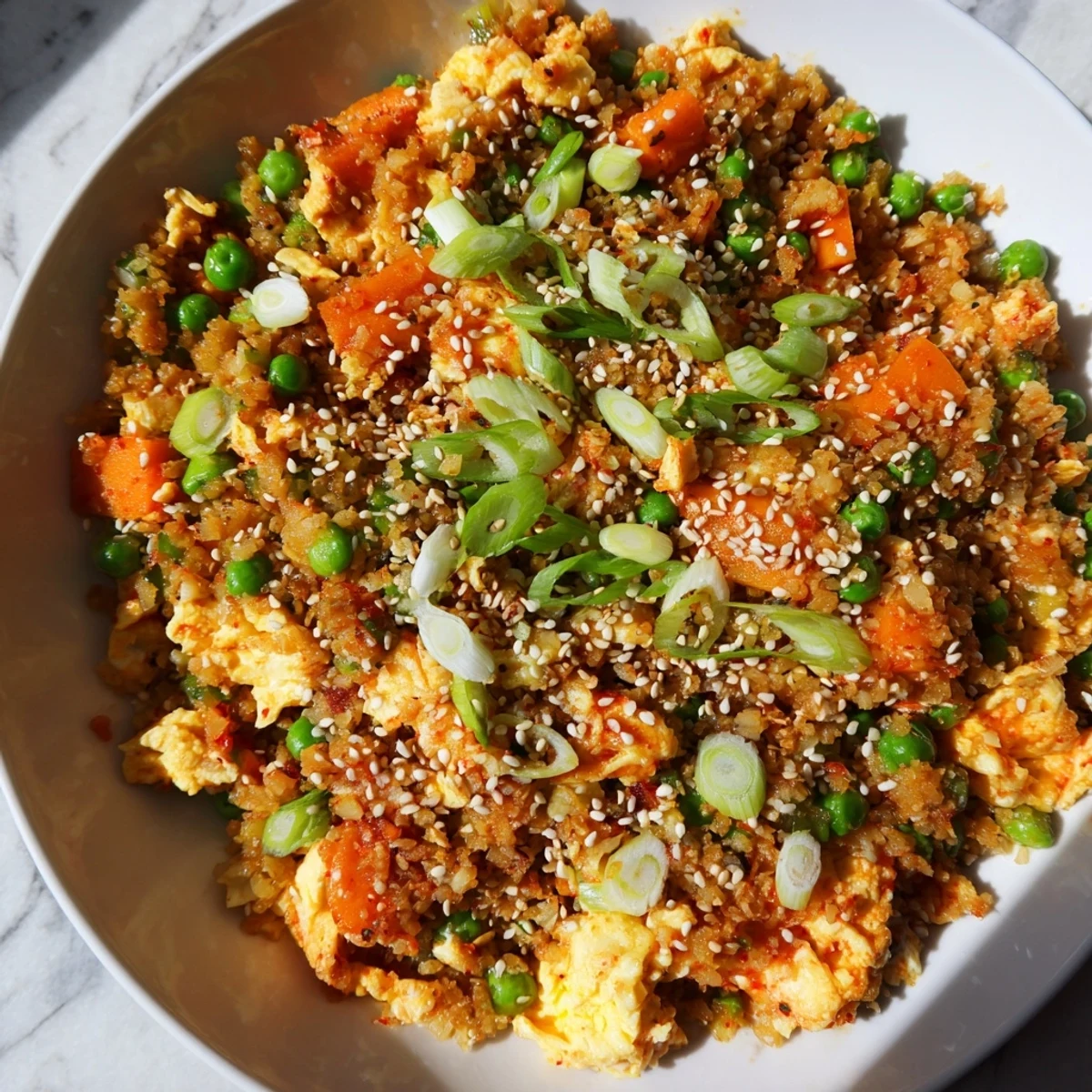 Cauliflower Fried Rice with Kimchi and Eggs in a hot wok, steam rising from scrambled eggs mixed with colorful vegetables.