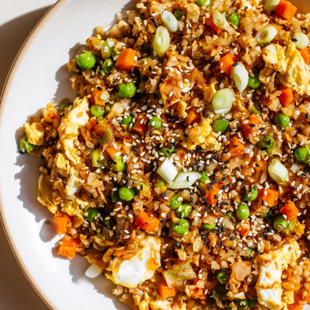 Serving suggestion of Cauliflower Fried Rice with Kimchi and Eggs alongside chopsticks for a complete Asian fusion meal.