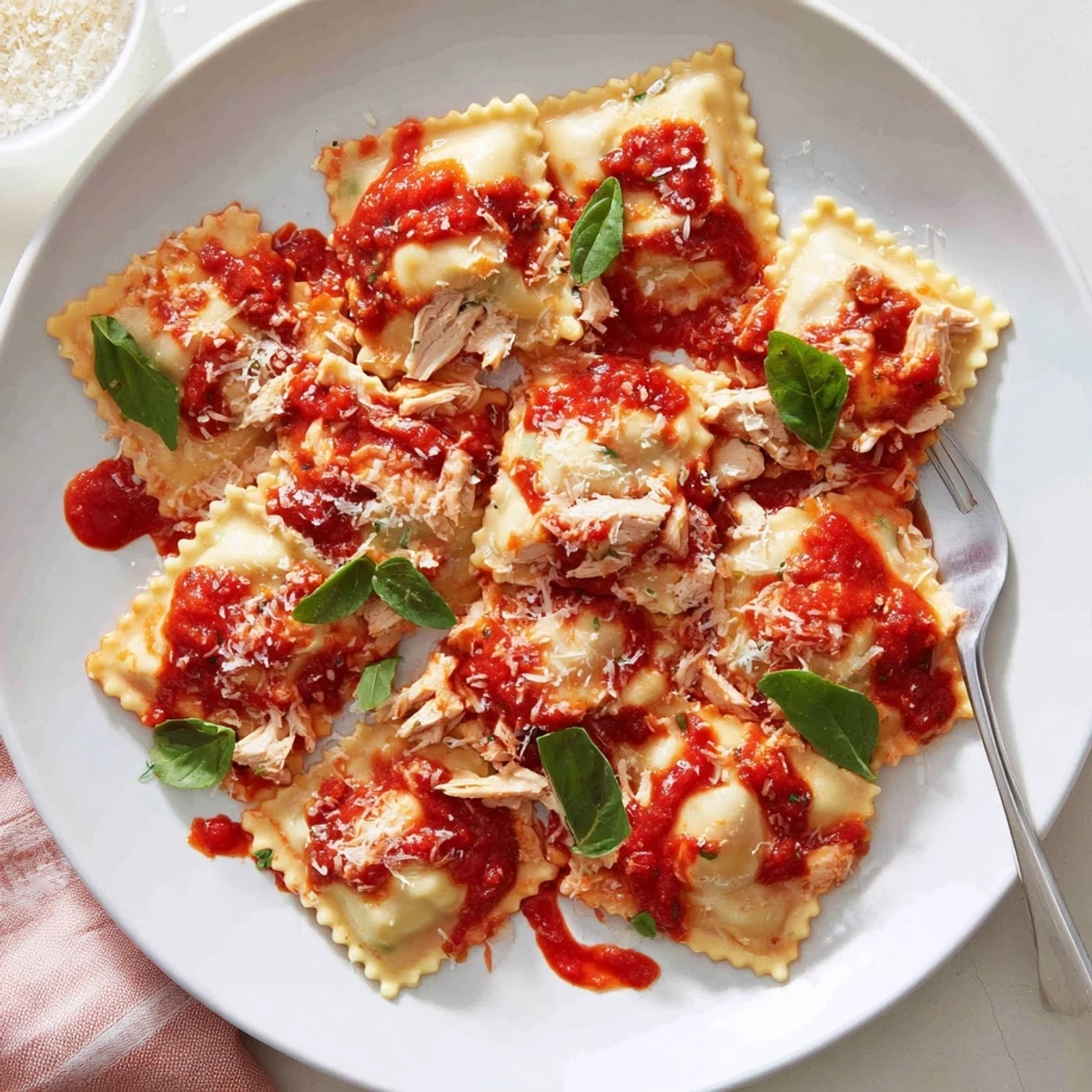 Freshly cooked Chicken and Mushroom Ravioli with Simple Tomato Sauce steaming beside a glass of red wine on a rustic wooden table.