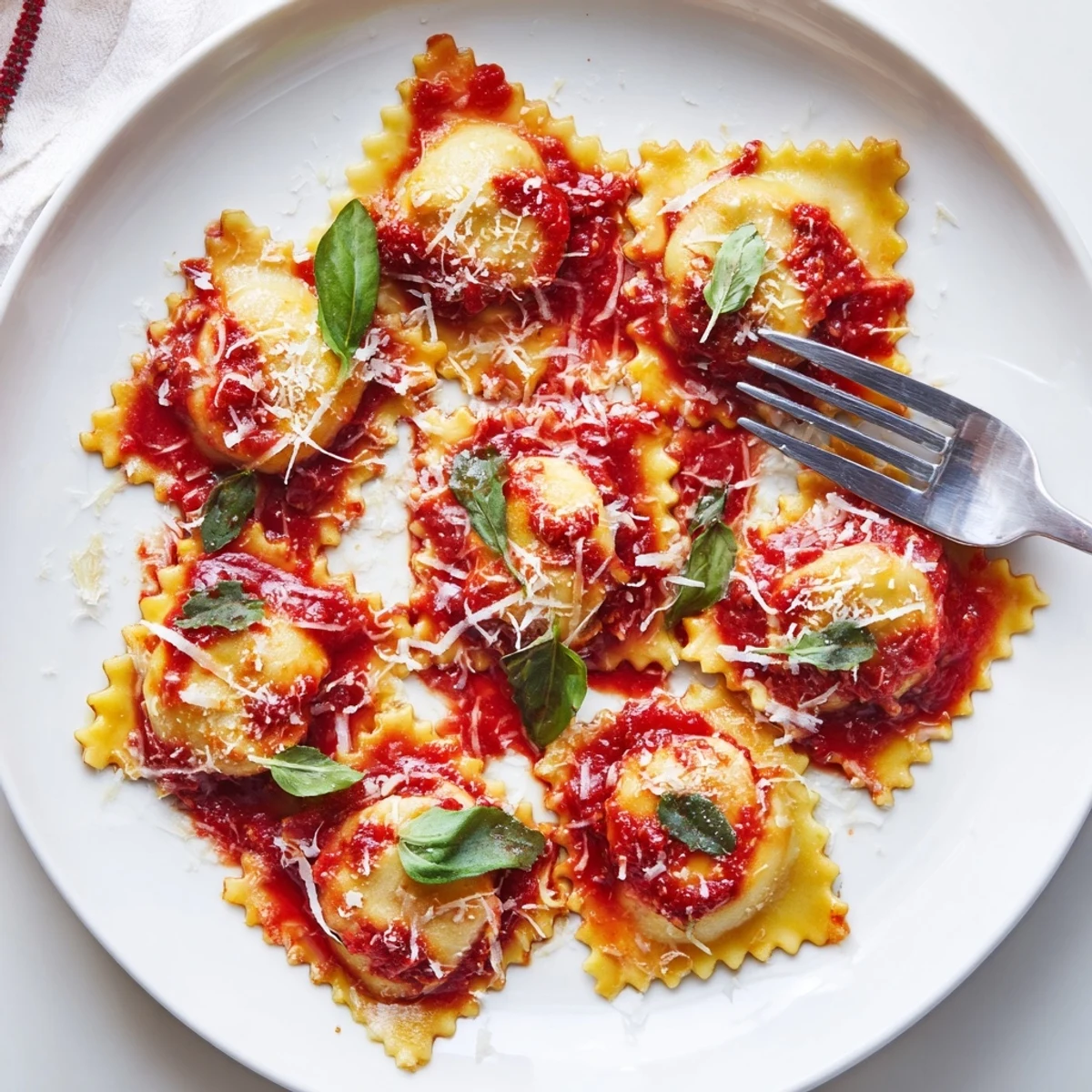 Golden-brown, delicate ravioli filled with tender chicken and earthy mushrooms on a plate, topped with vibrant fresh basil leaves and grated Parmesan.