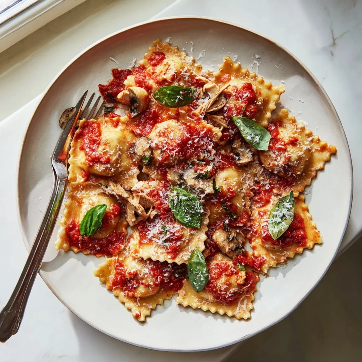 Homemade Chicken and Mushroom Ravioli with Simple Tomato Sauce plated elegantly with extra basil and a light dusting of Parmesan cheese.