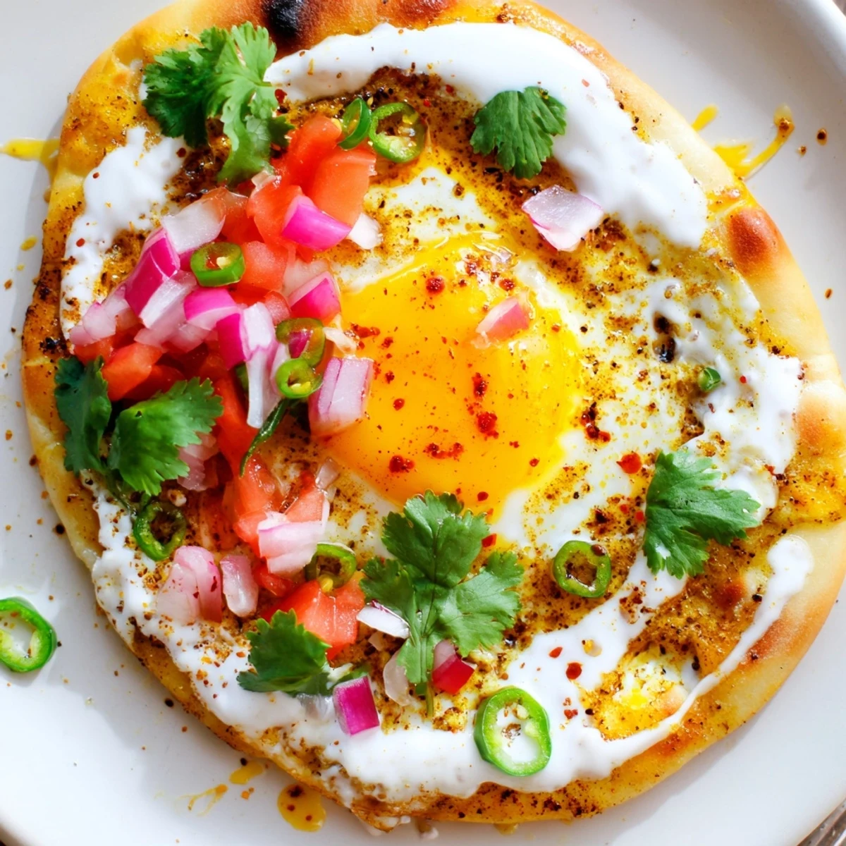 Warmed, buttery naan is topped with curried fried egg that features a runny yolk, plus fresh cilantro and a tangy yogurt drizzle.