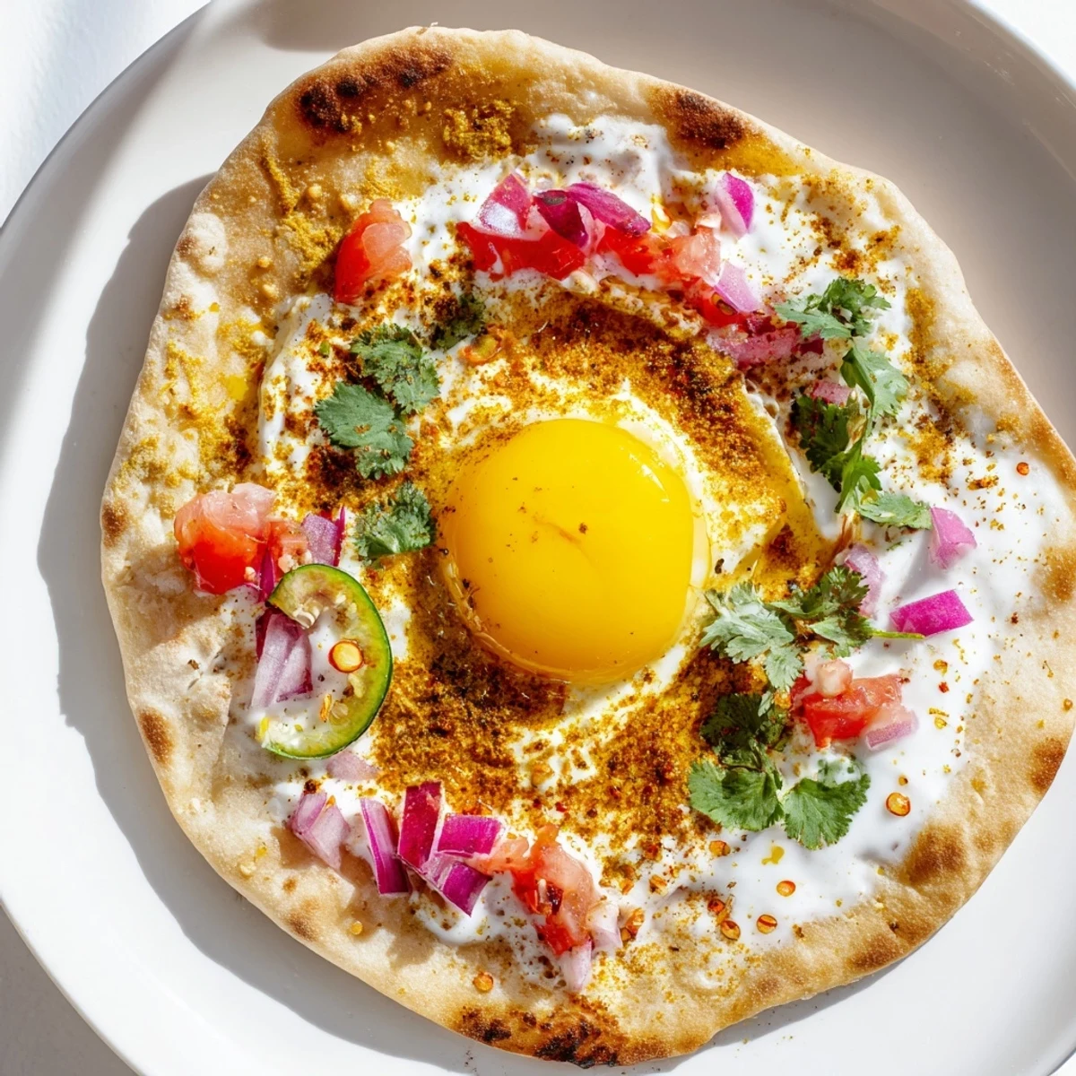A vibrant plate of Curried Fried Egg Open Naan for breakfast with spiced eggs, diced tomato, red onion, and optional green chili.