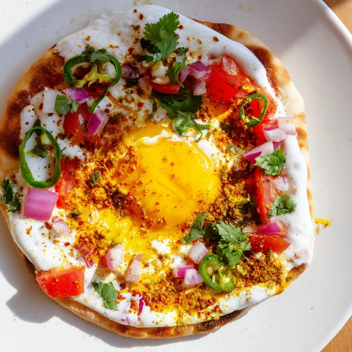 Serving of Curried Fried Egg Open Naan with golden curried fried eggs, creamy yogurt, and fresh herbs on toasted naan bread.