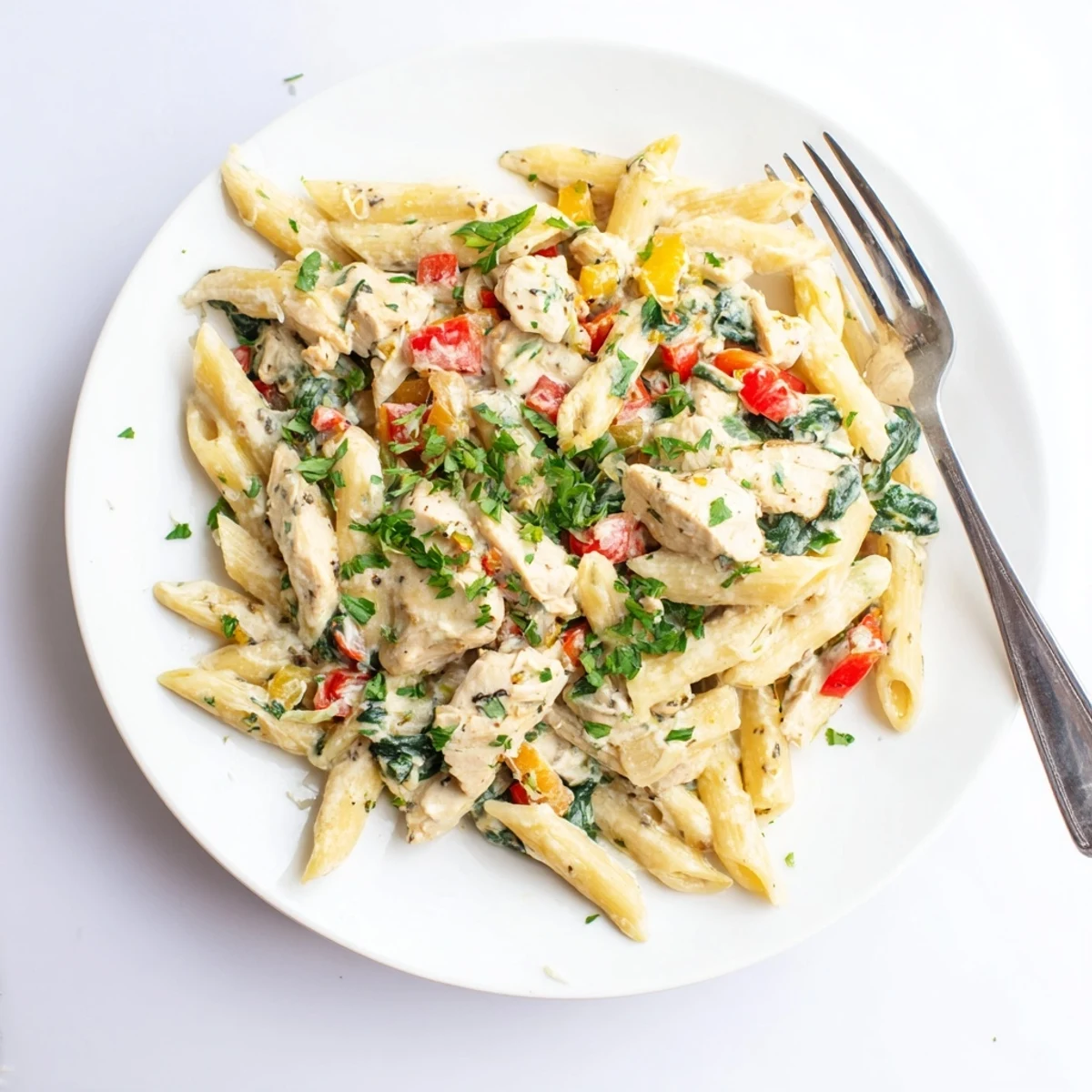 One Pan Creamy Chicken Pasta served steaming hot, garnished with parsley and Parmesan in a skillet.