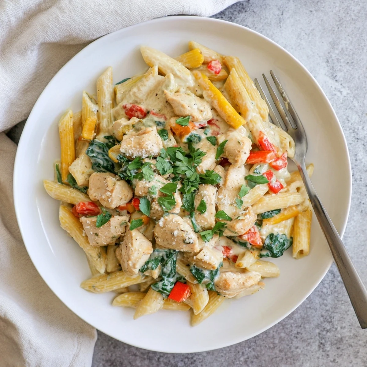 Freshly cooked One Pan Creamy Chicken Pasta with tender chicken and wilted spinach in a rich sauce.
