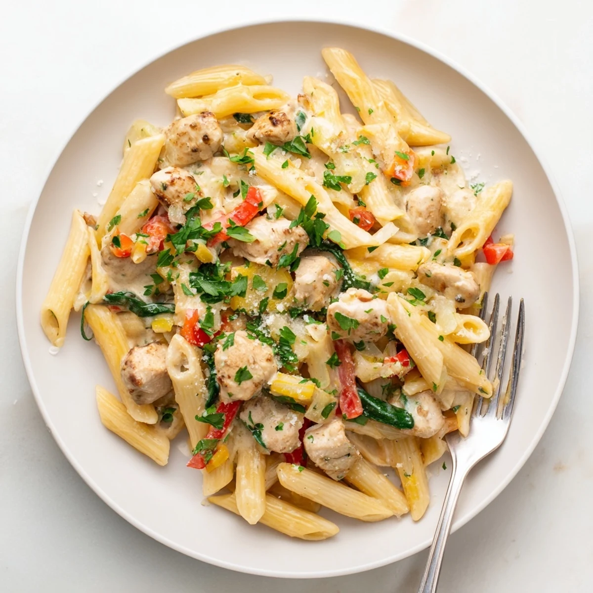 A close-up of One Pan Creamy Chicken Pasta with colorful bell peppers and penne noodles.