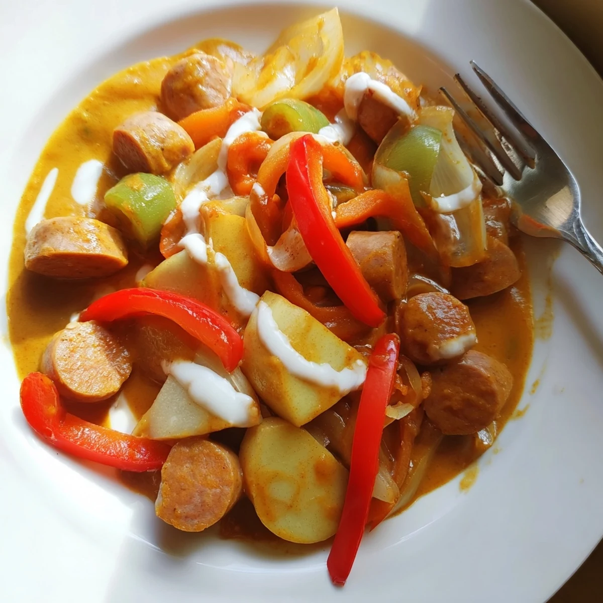 Hearty sweet and savory curry features browned pork sausages, vibrant peppers, and a warmly spiced tomato sauce ready to serve.