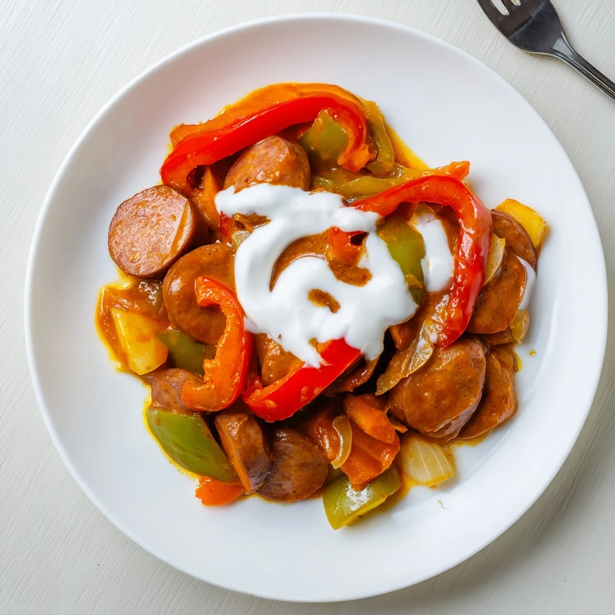 Juicy sausages simmer in a sweet and savory curry with tender bell peppers and apple chunks served over fluffy rice.