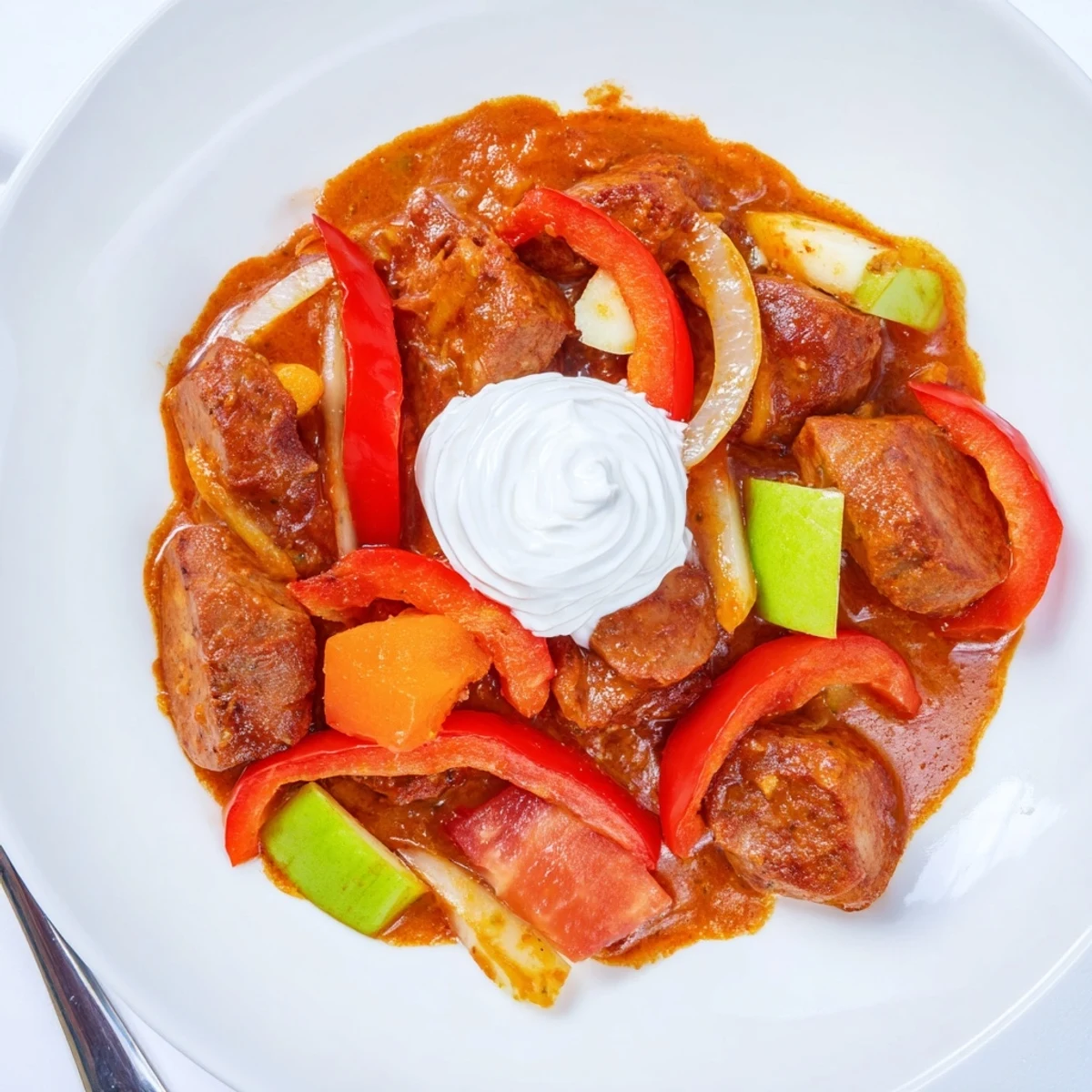 Easy British-Indian fusion sweet and savory curry showcases plump sausages and creamy yogurt swirl in a steaming bowl for dinner.