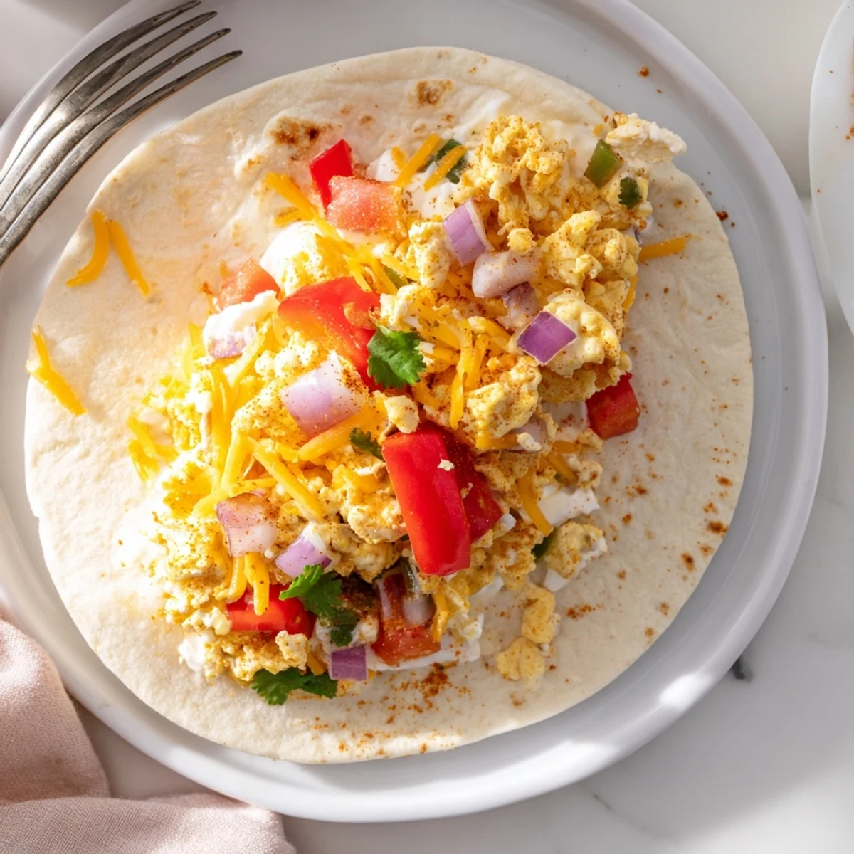 Fresh Tex Mex egg tortilla pockets served with a dollop of sour cream and a side of vibrant salsa.