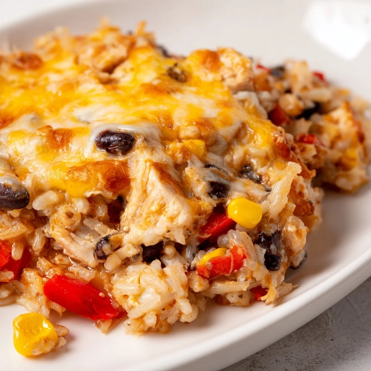 Golden, bubbly Mexican Chicken and Rice Bake straight from the oven, garnished with fresh cilantro and lime wedges.