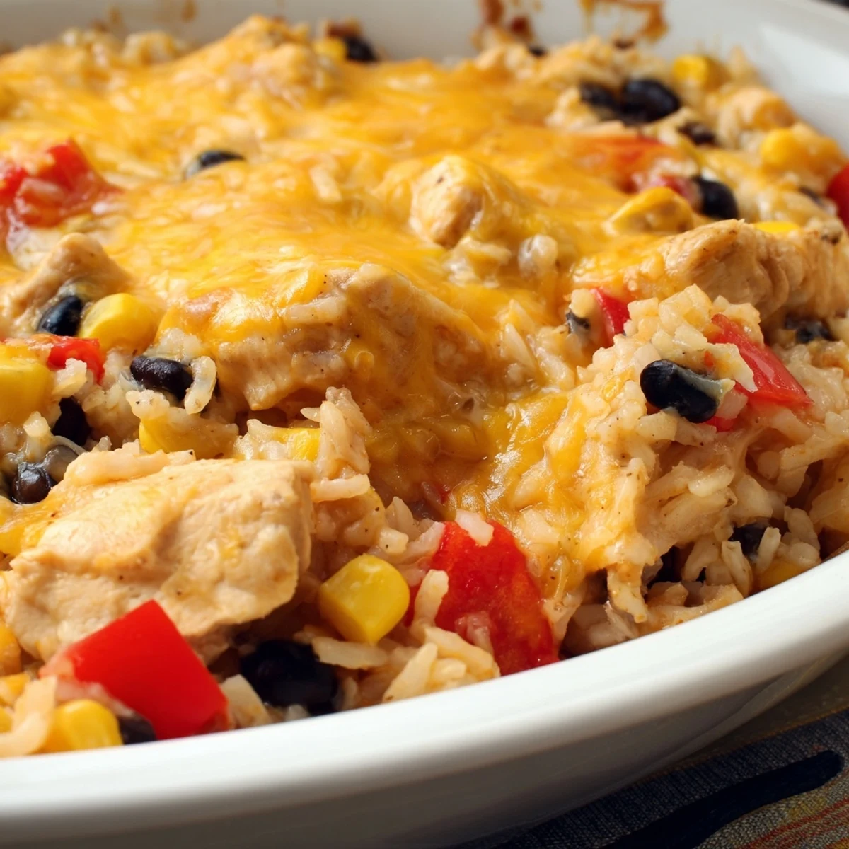 A hearty casserole dish with tender chicken, fluffy rice, and melted Mexican cheese blend ready to serve.