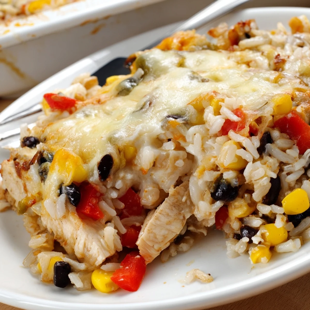 Mexican Chicken and Rice Bake presented on a plate with sour cream and sliced jalapeños for topping.