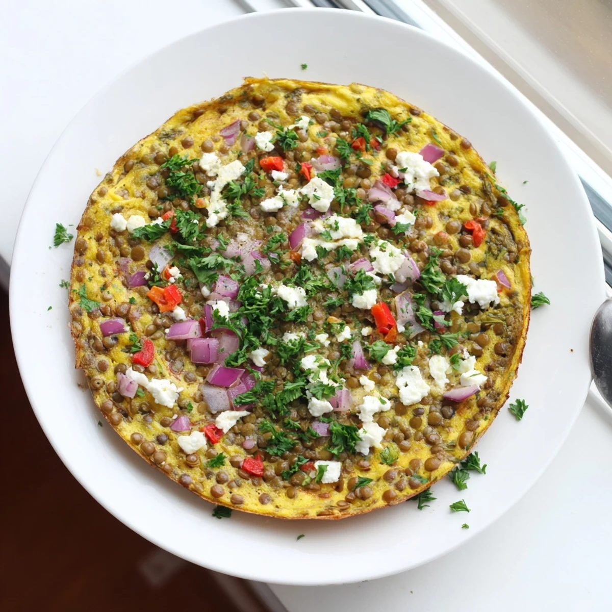 Slice of warm Healthy Lentil and Feta Frittata on a wooden board, showcasing creamy feta and tender lentils.