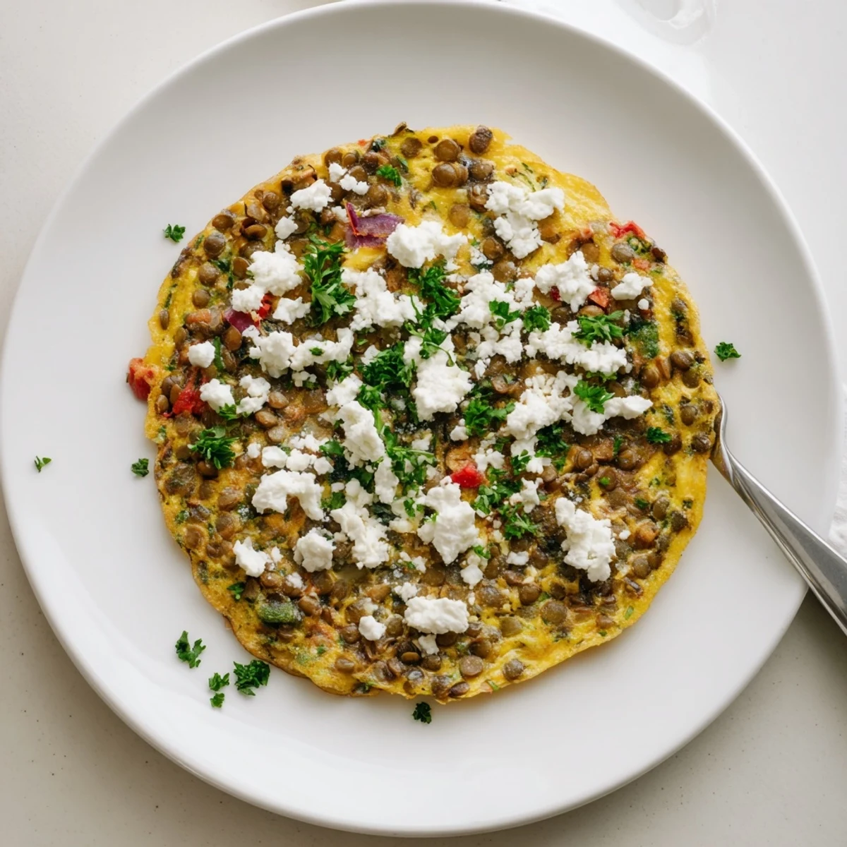 Freshly baked Healthy Lentil and Feta Frittata with vibrant spinach and red peppers served warm on a plate.