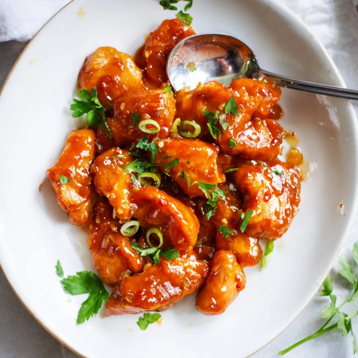 Fresh Classic Apricot Chicken garnished with green onions and parsley, resting in a skillet with bubbly golden glaze.