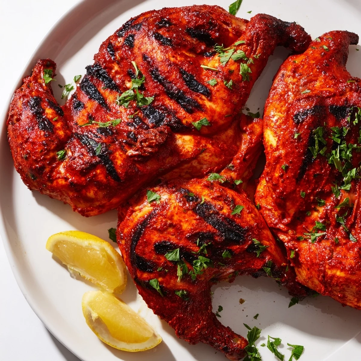 A close-up of Peri Peri Chicken Portuguese Style garnished with parsley beside golden roasted potatoes.  