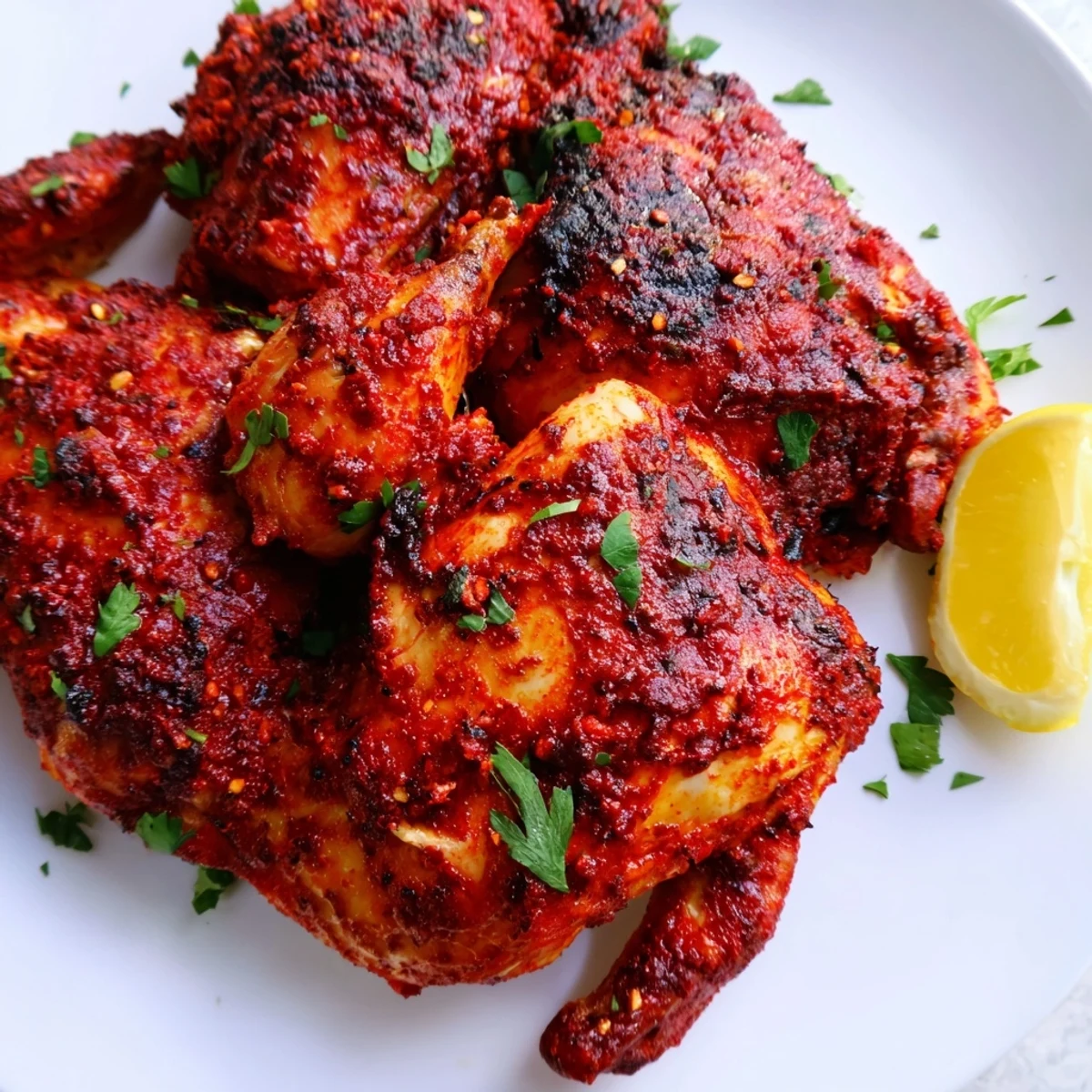 Sizzling Peri Peri Chicken Portuguese Style with charred skin and lemon wedges on a rustic grill.  