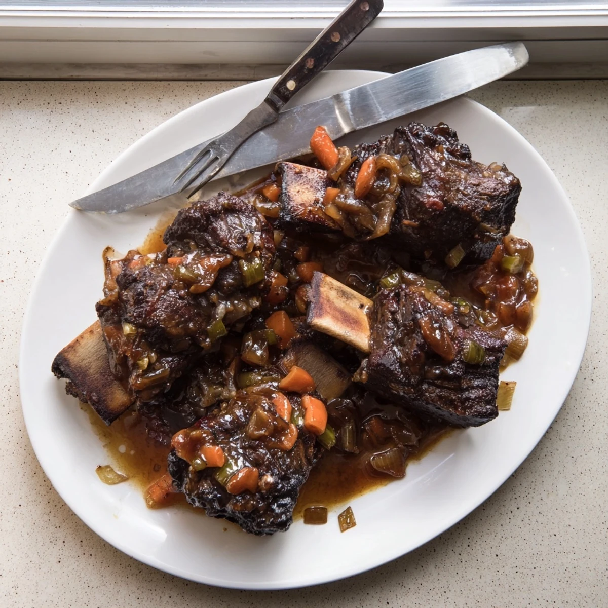 Tender Maple Bourbon Glazed Short Ribs fresh from the Dutch oven, rich sauce bubbling and caramelized