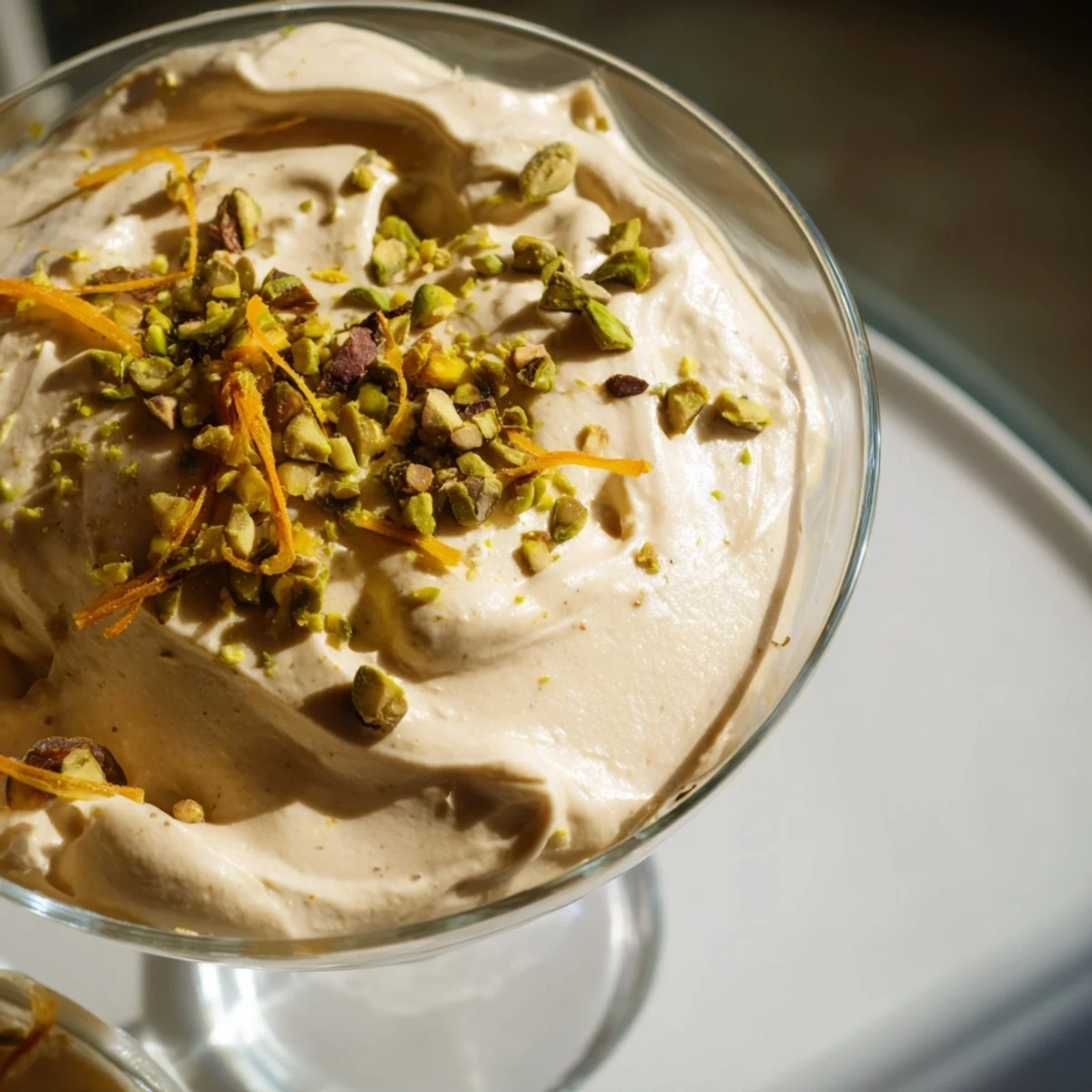 Chilled Lebanese Date Orange Blossom Mousse served in clear glasses with pistachios and orange zest.