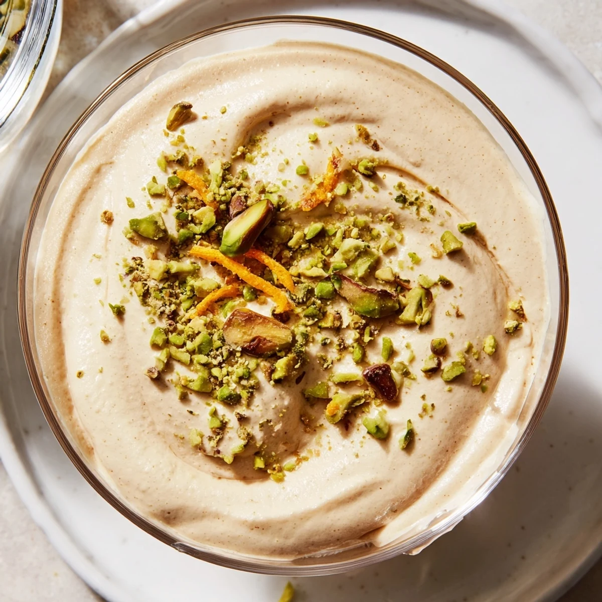 Lebanese Date Orange Blossom Mousse in dessert bowls, ready to serve with aromatic orange blossom.