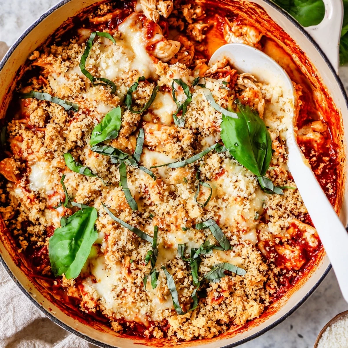 Golden, bubbling Keto Chicken Parmesan Casserole served in a dish with fresh basil garnish.