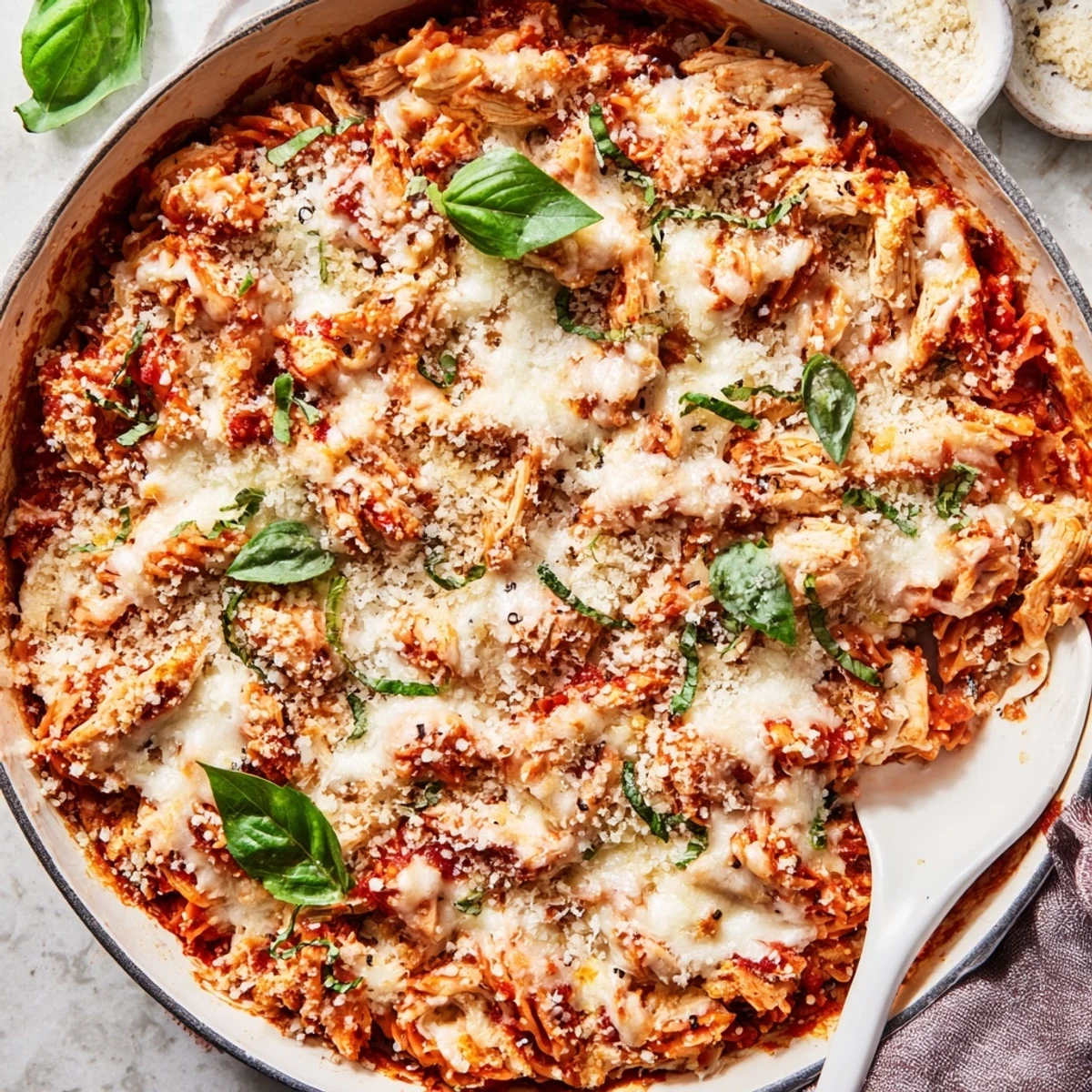Spoon serving a warm Keto Chicken Parmesan Casserole alongside a fresh green salad.
