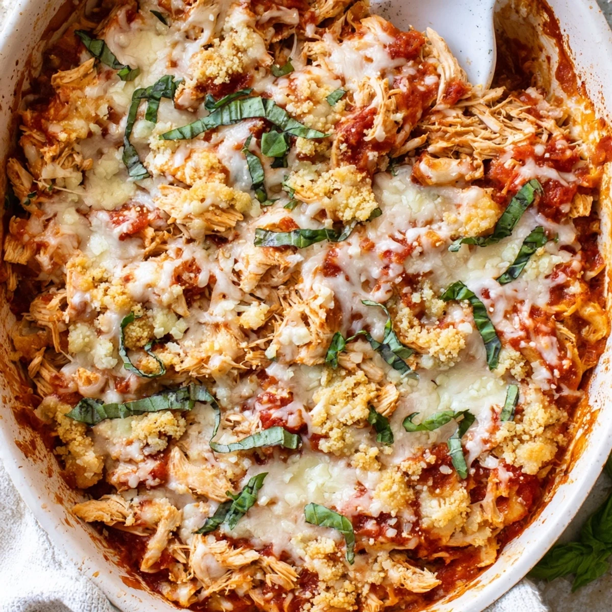 Close-up of creamy Keto Chicken Parmesan Casserole with marinara, mozzarella, and golden crust.