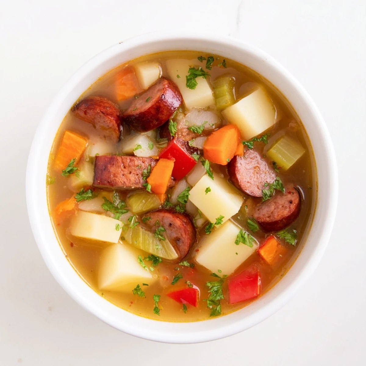 Golden Spanish Potato Soup with Chorizo simmering in a rustic pot, garnished with fresh parsley.