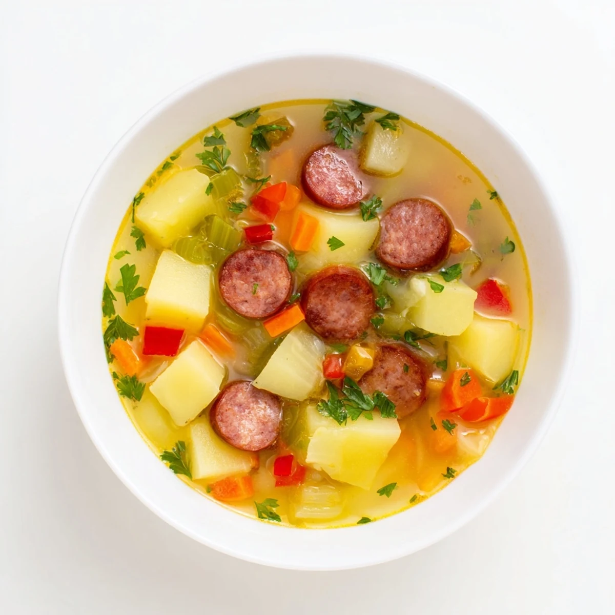 Spanish Potato Soup with Chorizo served in a ceramic bowl, steaming beside crusty bread slices.