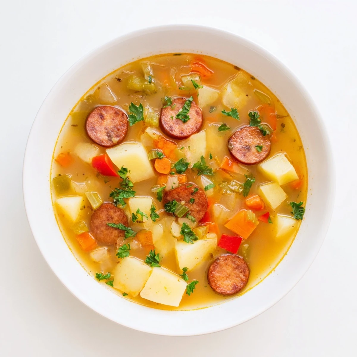 A warm bowl of Spanish Potato Soup with Chorizo topped with crispy sausage slices and herbs.